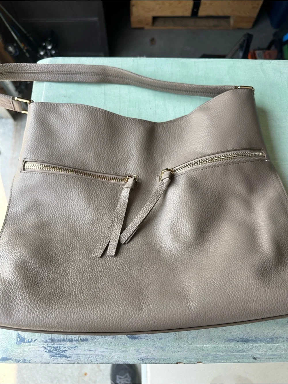 Pebbled Leather Shoulder Bag in Taupe with Dual Zip Pockets
